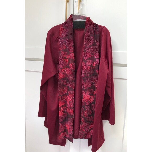Roaman's Open Front Light Sweater Red Burn Out Velvet Scarf Tie Womens Sz XL - Picture 1 of 6